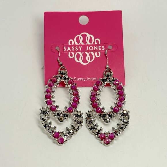 Sassy Jones Malia Glass Dangle Pink Rhinestone Silver Tone Hook Drop Earrings - Picture 1 of 6